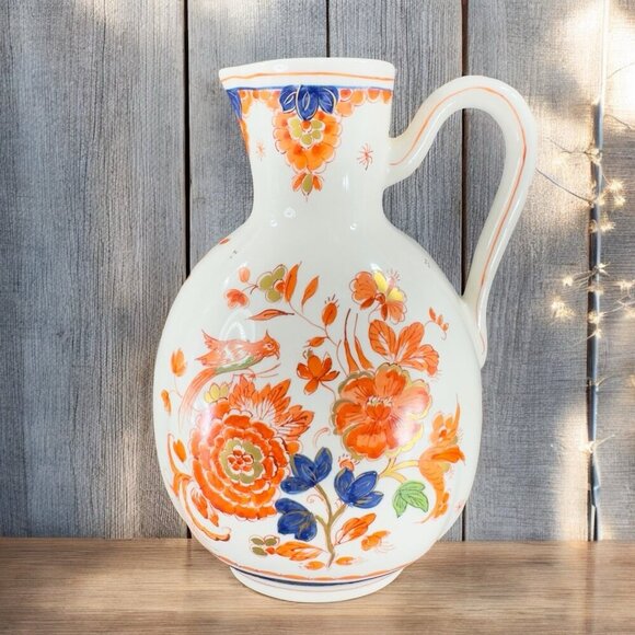 Vintage Delft De Porceleyne Fles Imari Hand Painted Pitcher Carafe Jug Marked